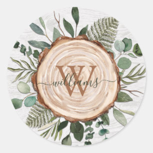 Sticker Rond Tranche de bois rustique à aquarelle de monogramme