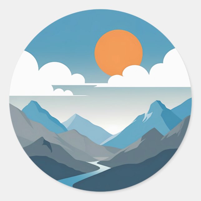 Sticker Rond Tranquil Horizon | Minimal Mountain Landscape Art (Devant)
