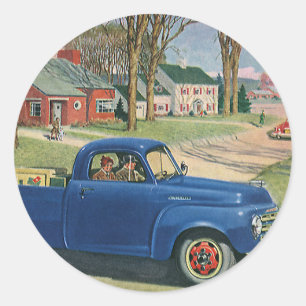 Sticker Rond Transport vintage, Camion bleu classique
