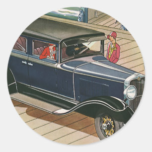 Sticker Rond Transport vintage, Voiture sur le quai par océan