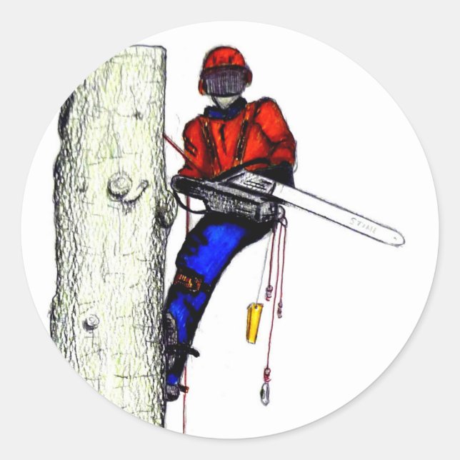 Sticker Rond Tree Surgeon Arborist at work present Chainsaw (Devant)
