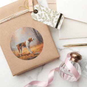 Sticker Rond Treeing Walker Coonhound dans les feuilles d'autom