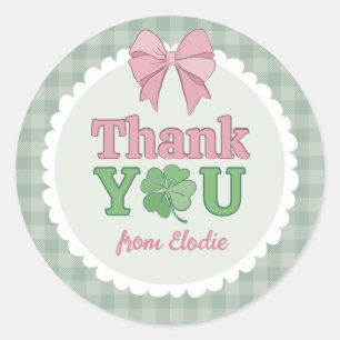 Sticker Rond Trèfle à ruban rose Chanceux Merci