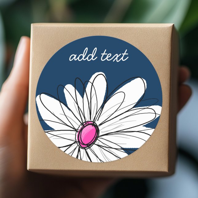 Sticker Rond Trendy Daisy Floral Illustration - navy and pink (Personalized Sticker)