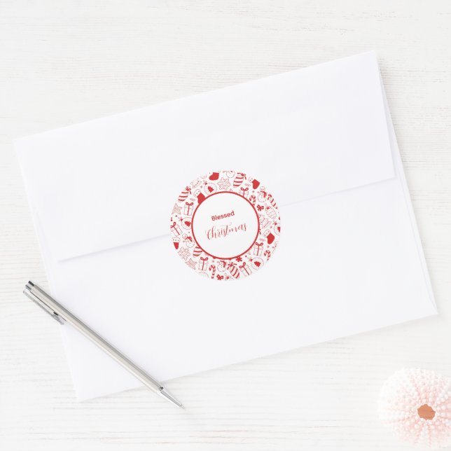 Sticker Rond Trendy Red & White Christmas Icons Doodle Art (Enveloppe)