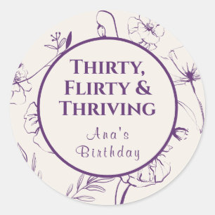 Sticker Rond Trente Ans, Coquette et Rayonnante, Fleurs Violett