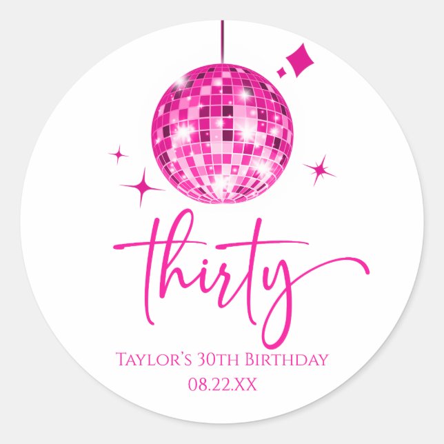 Sticker Rond Trente Pink Disco Ball 30e fête d'anniversaire (Devant)