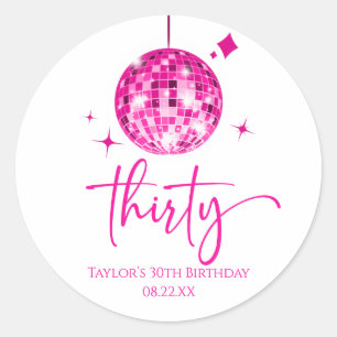 Sticker Rond Trente Pink Disco Ball 30e fête d'anniversaire