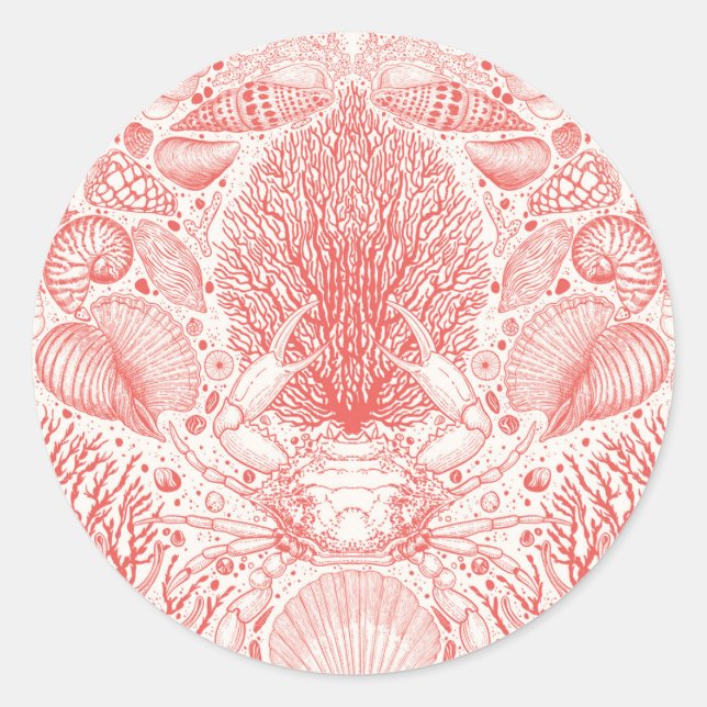 Sticker Rond Trésors de plage en rouge corail (Devant)