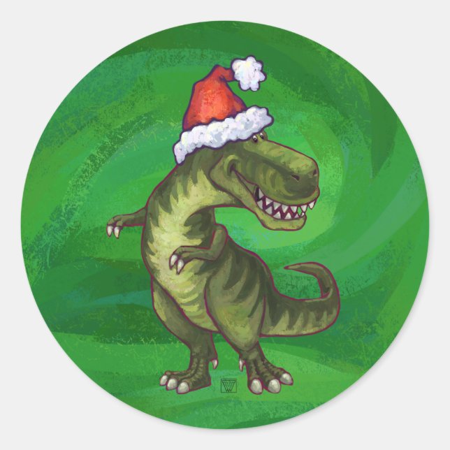 Sticker Rond TRex à Santa Hat sur Green (Devant)