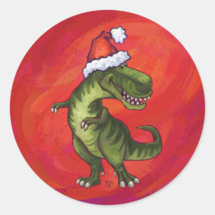 Sticker Rond TRex Dino à Santa Hat sur Red
