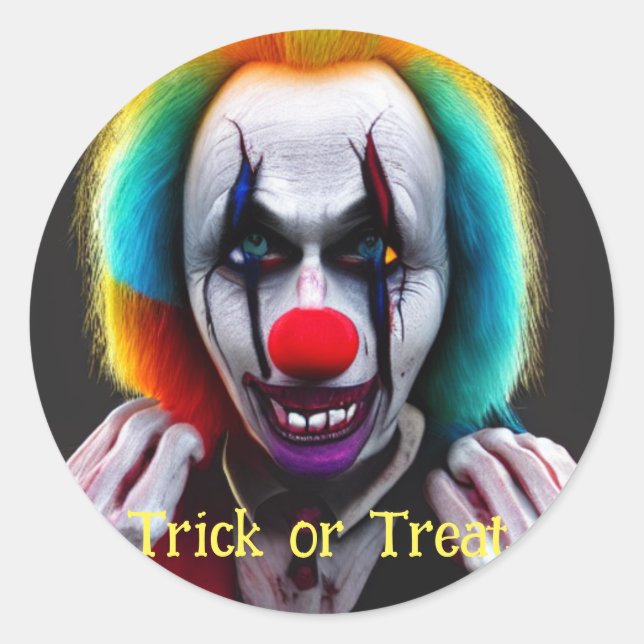 Sticker Rond Trick clown effrayant ou traitement Halloween (Devant)