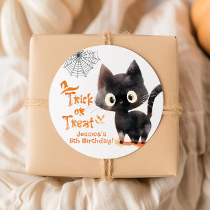 Sticker Rond Trick or Treat Chaton noir mignon fête d'Halloween