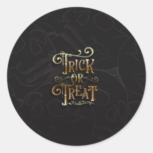 Sticker Rond Trick or Treat Crânes Soirée Halloween Noir et Or