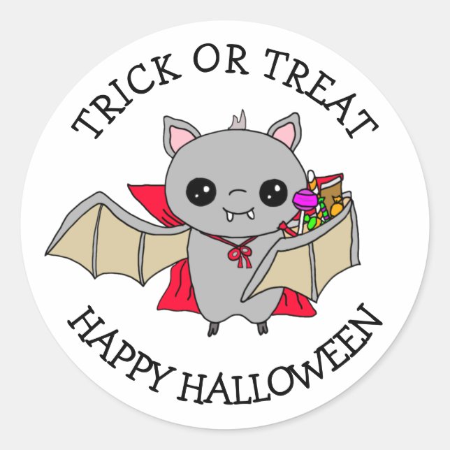 Sticker Rond Trick or Treat Cute Bat Holding Halloween Candy (Devant)