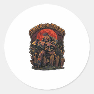 Sticker Rond Trick Or Treat Halloween Tueur Squelette Hache Rou
