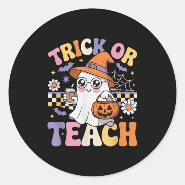 Sticker Rond Trick Ou Enseignant Super Ghost Funny Hallowee (Devant)