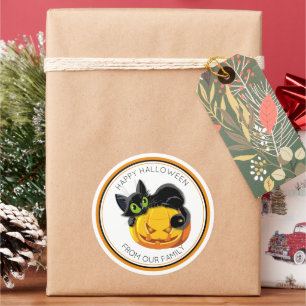 Sticker Rond Trick ou traiter Chat noir et Citrouille effrayant