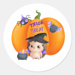 Sticker Rond Trick ou traiter Halloween Citrouille et Hérisson