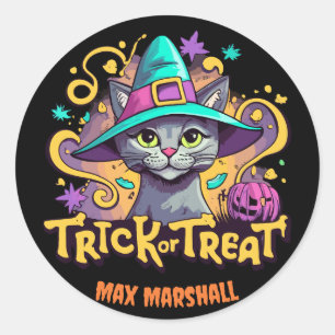 Sticker Rond Trick ou Treat Cat - Chouette de nuit rose noir
