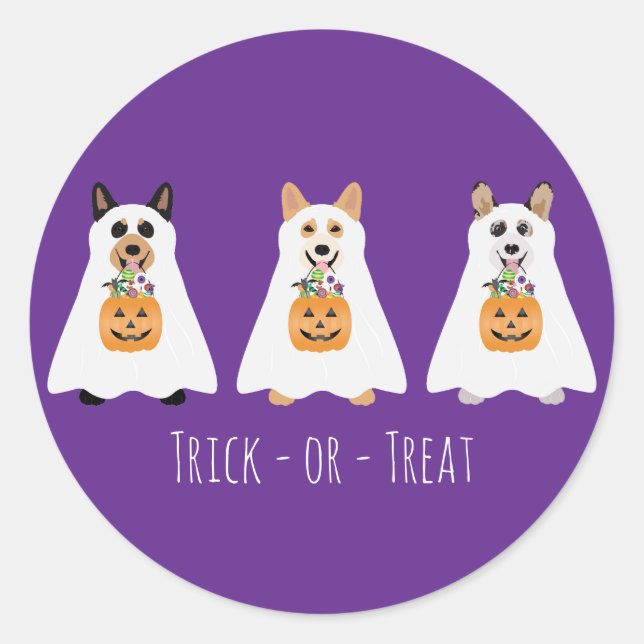 Sticker Rond Trick Ou Treat Corgi Ghost Dogs Halloween (Devant)