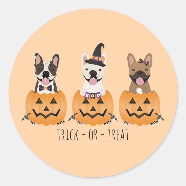Sticker Rond Trick Ou Treat French Buldogs Citrouille (Devant)