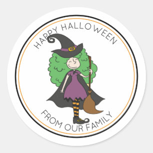 Sticker Rond Trick ou Treat Witch avec cheveux bouclés Hallowee