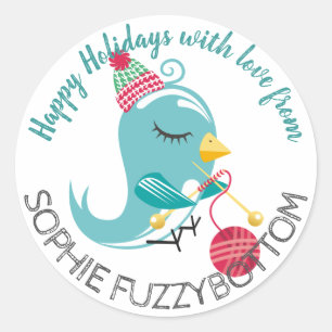 Sticker Rond Tricot d'oiseau aiguilles fil cadeau de Noël autoc