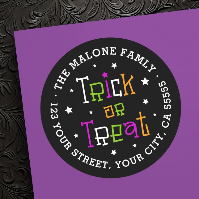 Sticker Rond Tricoter ou traiter les étoiles Adresse de retour  (Trick or treat stars Halloween return address Classic Round Sticker)
