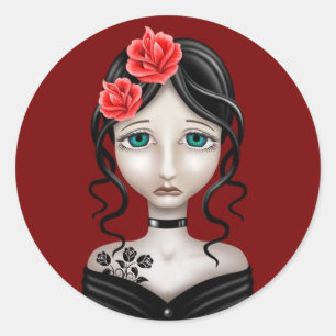 Sticker Rond Triste fille aux roses rouges