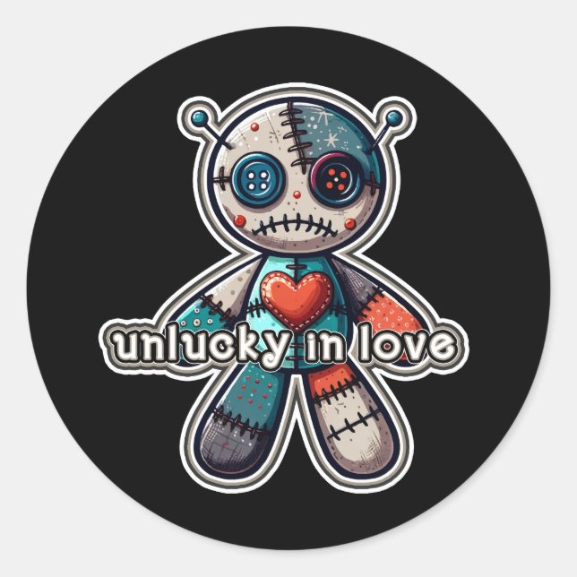Sticker Rond Triste ours de poupée VOODOO UNLUCKER dans l'amour (Devant)