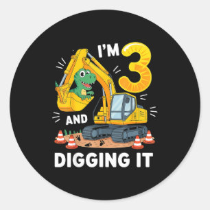 Sticker Rond Trois 3 ans 3e anniversaire construction dinosaure