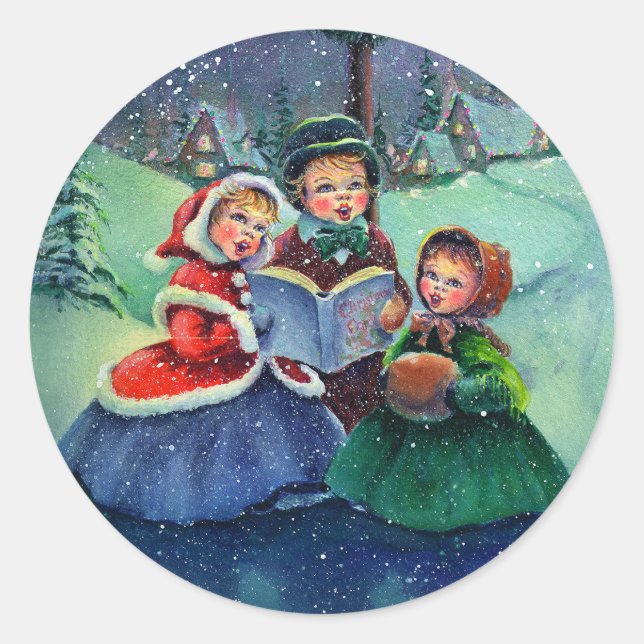 Sticker Rond TROIS CHRISTMAS CAROLERS par SHARON SHARPE (Devant)