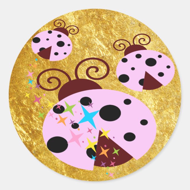 Sticker Rond Trois coccinelle rose et noire avec étoiles (Devant)
