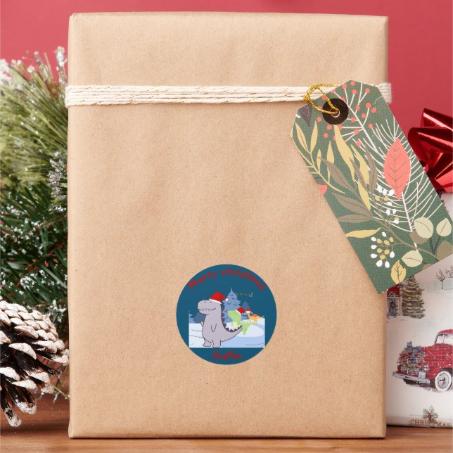 Sticker Rond trois dinosaures cadeau de noël, nom personnalisé (vacances)