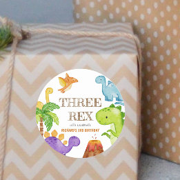 Sticker Rond Trois enfants Rex Dinosaur 3e fête d'anniversaire