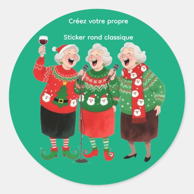 Sticker Rond Trois femmes âgées drôles en pulls de Noël festifs (Devant)