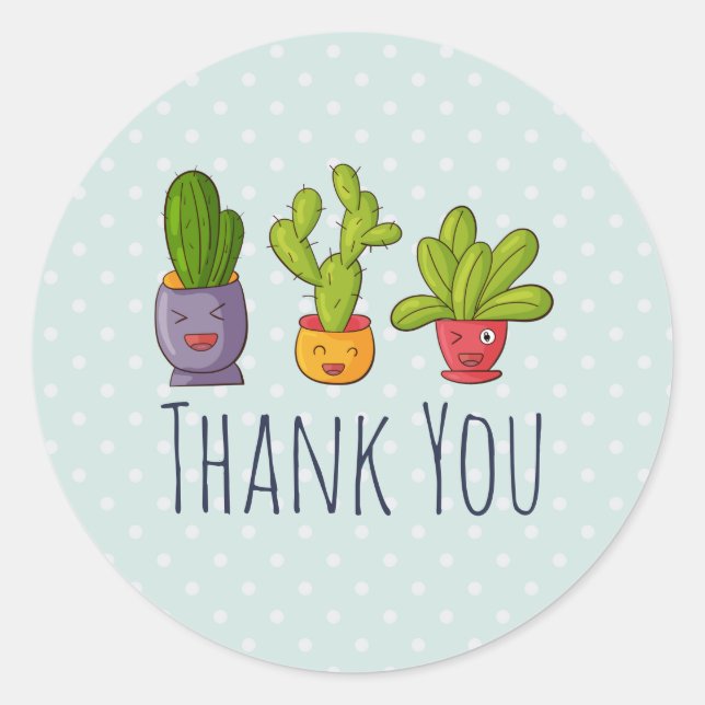 Sticker Rond Trois mignons cactus en pots de fleurs Merci amusa (Devant)