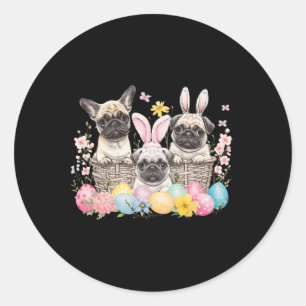 Sticker Rond Trois Pâques Pug Mignon Oreilles de Lapin de Pâque