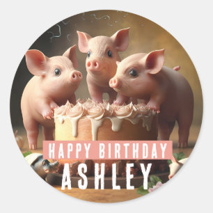Sticker Rond Trois petits cochons gâteau d'anniversaire