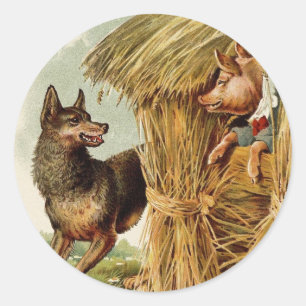 Sticker Rond Trois Petits Cochons Grand Mauvais Loup, Vintage C