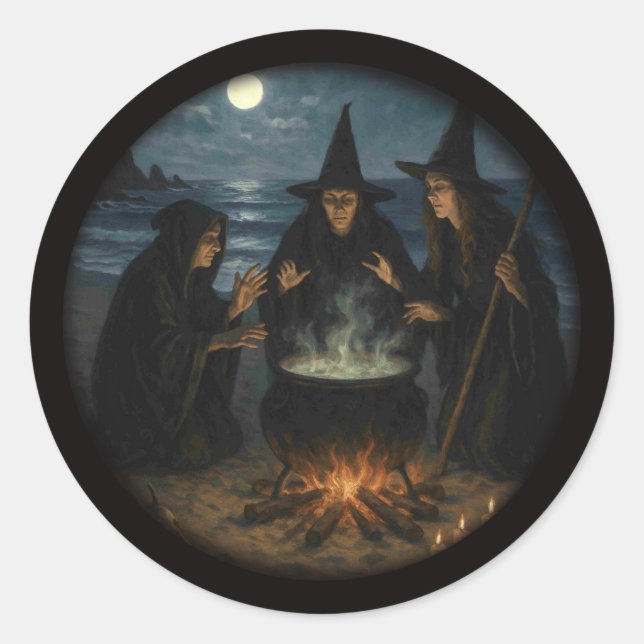 Sticker Rond Trois Sorcières Brew Cauldron Pleine lune Beach (Devant)