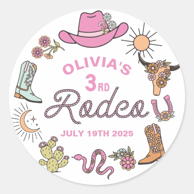 Sticker Rond Troisième Rodéo Rose Western Cowboy 3e anniversair (Devant)