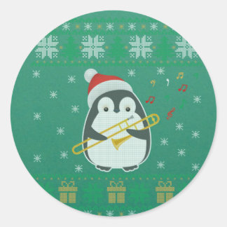 Sticker Rond Trombone Vilain Chandail de Noël Penguin Noël Fami