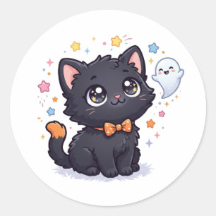 Sticker Rond Trop mignon pour effrayer Halloween Chat noir ador