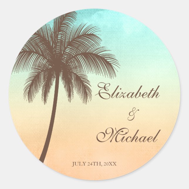 Sticker Rond Tropical Beach Palm Tree Round Wedding Favoriser l (Devant)