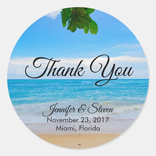 Sticker Rond Tropical Beach Vacation Island Mariage Merci (Devant)