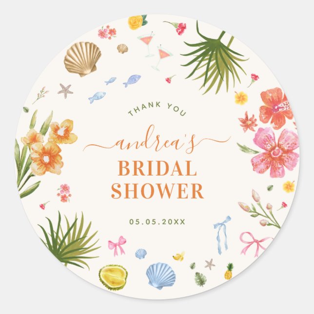 Sticker Rond Tropical Coastal Hand Drawn Shells Bridal Shower (Devant)