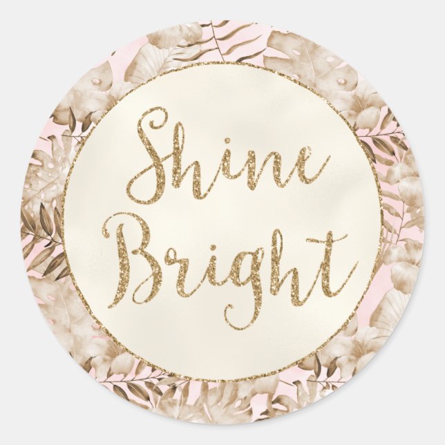 Sticker Rond Tropical Feuille Cream Blush Gold Parties scintill (Devant)