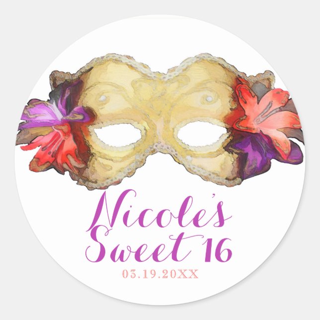 Sticker Rond Tropical Floral Masquerade Fête Masque Personnalis (Devant)